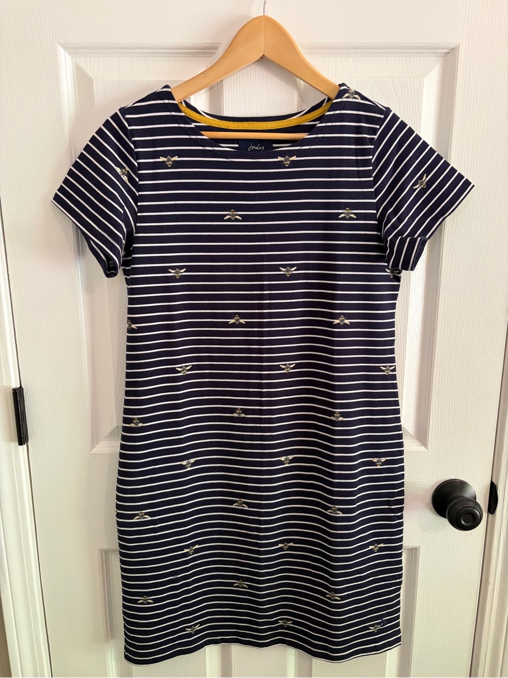 Joules Navy and White Striped T Shirt Dress with Bumblebee Motif - Size 10